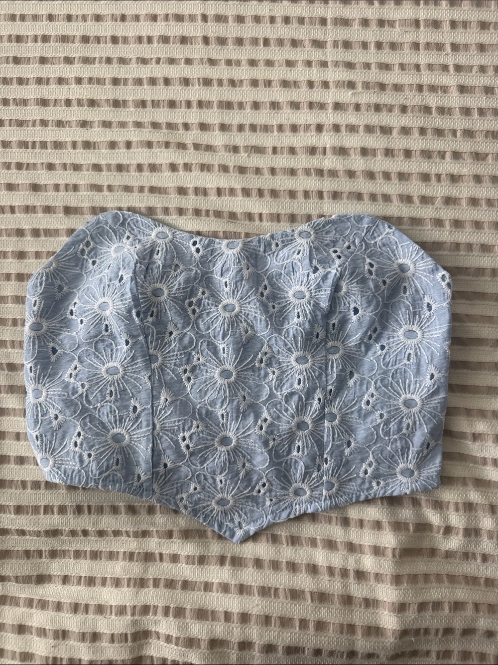 SHEIN Pale Blue Floral Eyelet Strapless Top